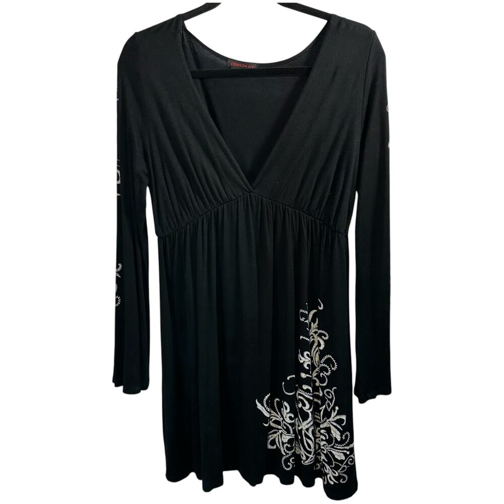 Crimson Ivy Babydoll Short Dress Sz L‎ Deep V Neck Graphic Print Y2K Stretchy